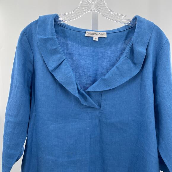 Christopher Calvin Blue Linen Ruffle V Neck 3/4 Sleeve Blouse Pullover Top S - Picture 3 of 8